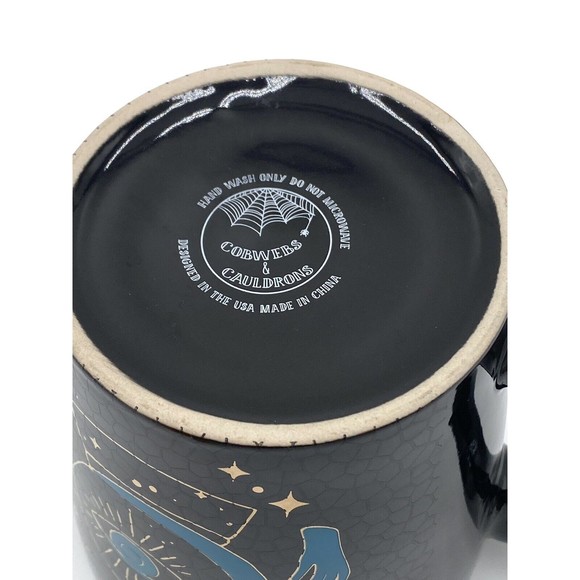 Cobwebs & Cauldrons Huge 20 oz. Mug Crystal Ball Eye Hands Stars Black Blue Gold - Picture 7 of 9